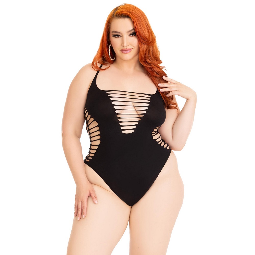 Leg Avenue Shredded Thong Bodysuit Black Plus Size, Black seamless bodysuit with shredded distressed detailing, racer back a…