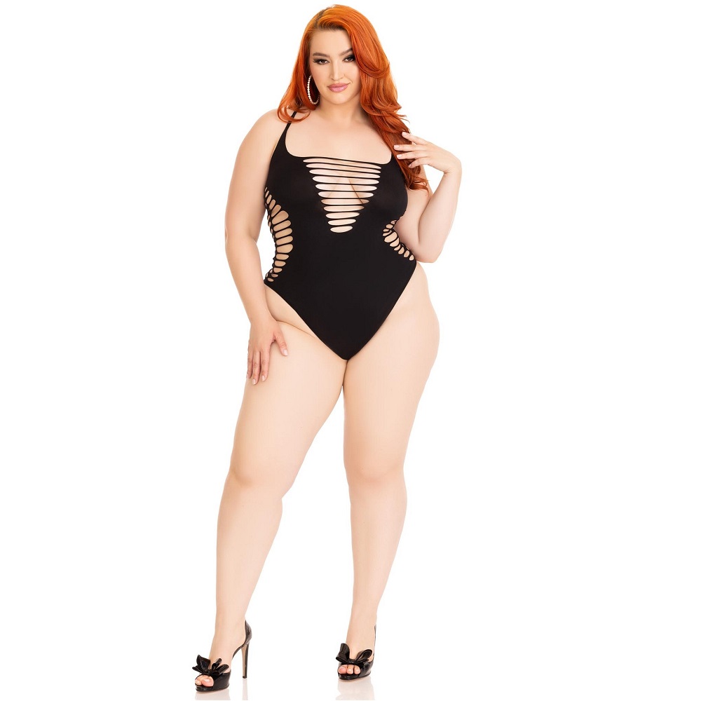 Leg Avenue Shredded Thong Bodysuit Black Plus Size, Black seamless bodysuit with shredded distressed detailing, racer back a…