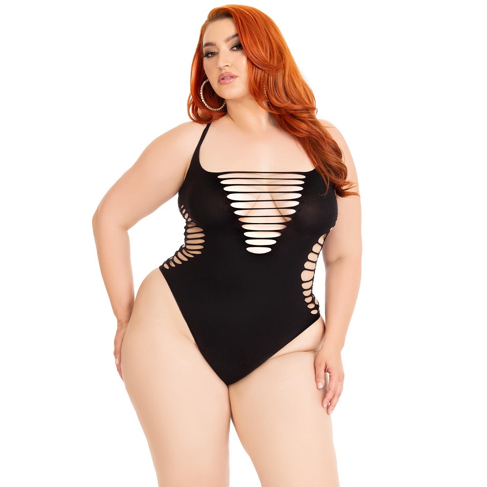 Leg Avenue Shredded Thong Bodysuit Black Plus Size, Black seamless bodysuit with shredded distressed detailing, racer back a…
