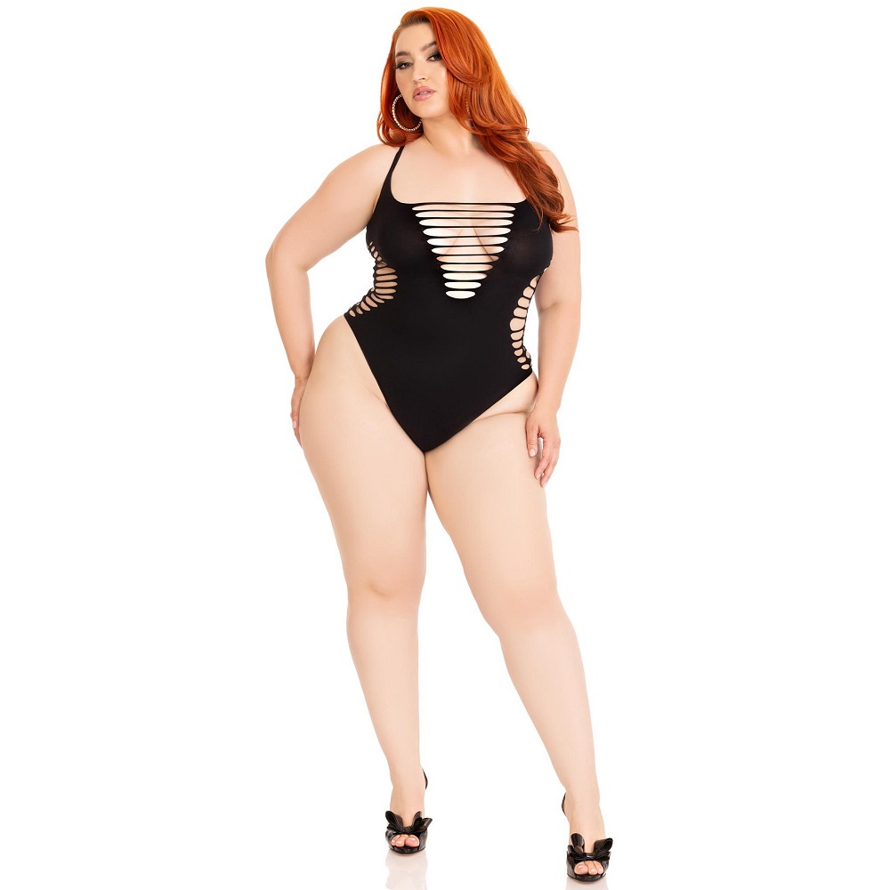 Leg Avenue Shredded Thong Bodysuit Black Plus Size, Black seamless bodysuit with shredded distressed detailing, racer back a…