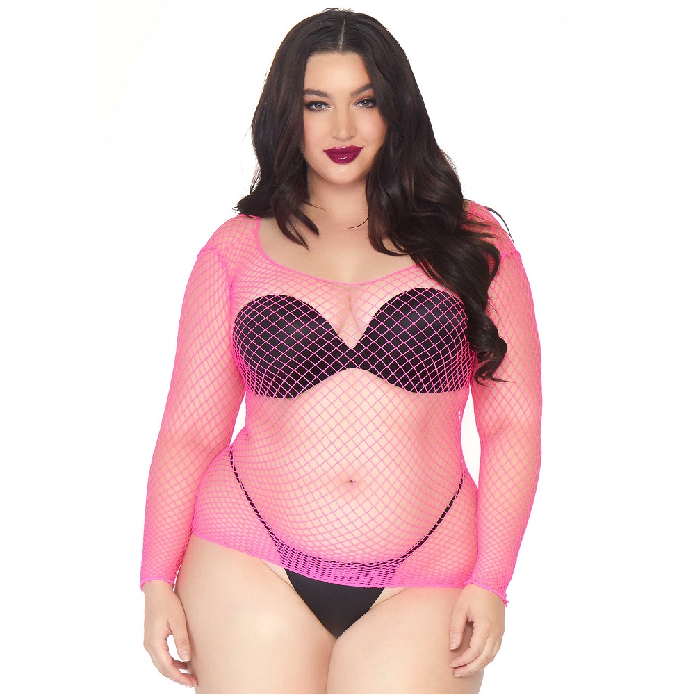 Leg Avenue Long Sleeved Industrial Net Top Neon Pink Plus Size, Long-sleeved top in bright neon pink industrial net with an…