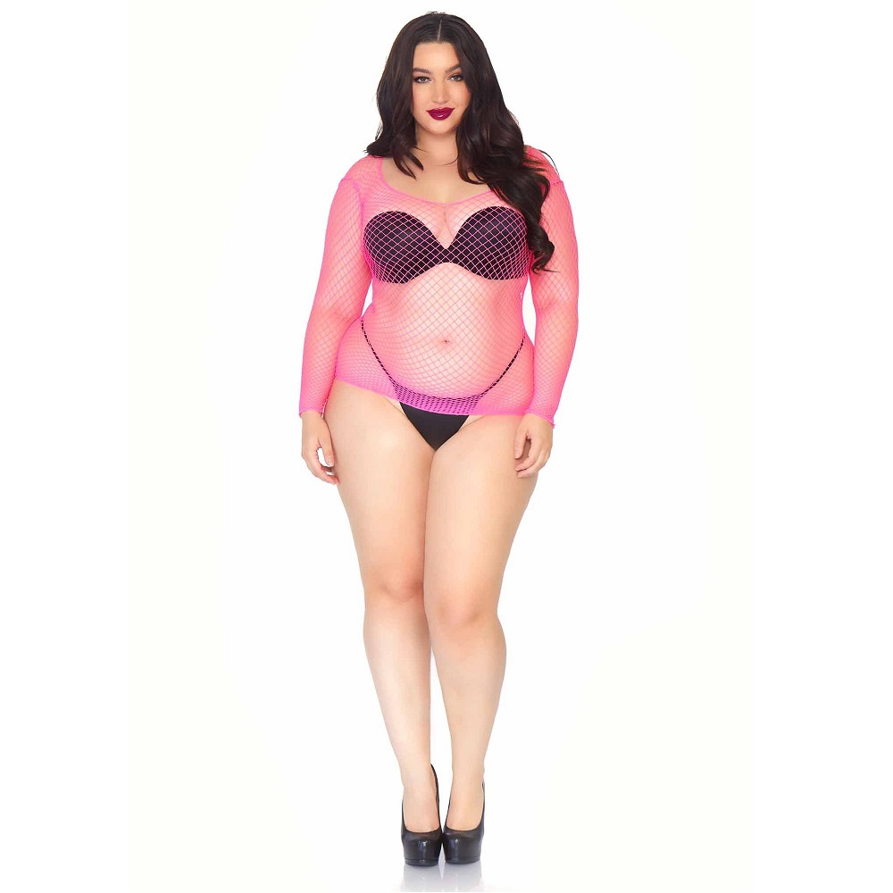 Leg Avenue Long Sleeved Industrial Net Top Neon Pink Plus Size, Long-sleeved top in bright neon pink industrial net with an…
