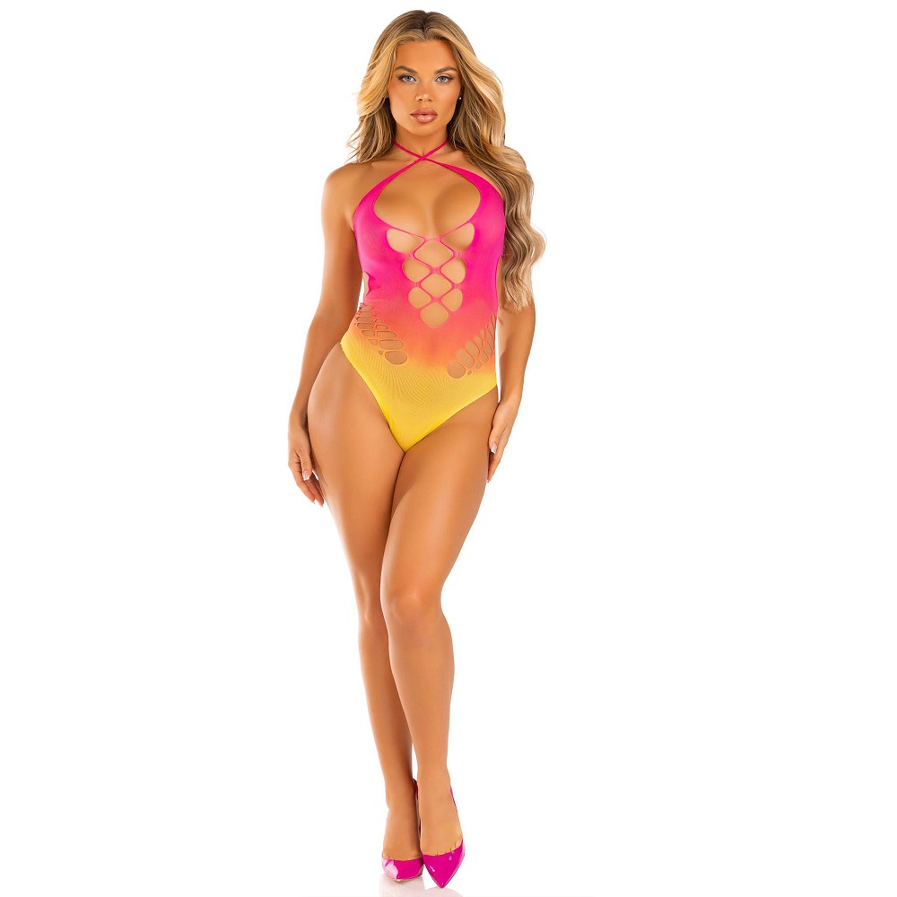 Leg Avenue Seamless Ombre Halter Bodysuit, in 100% polyamide, shown in its packaging