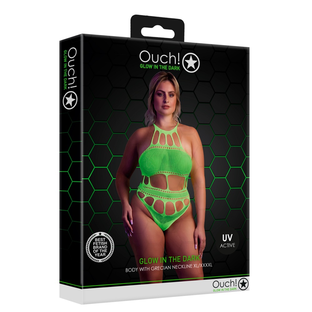 Cut Out Thong Bodysuit Neon Green Plus Size, shown from the back