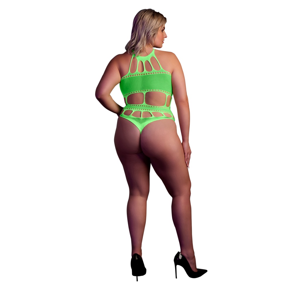 Cut Out Thong Bodysuit Neon Green Plus Size, shown from the side