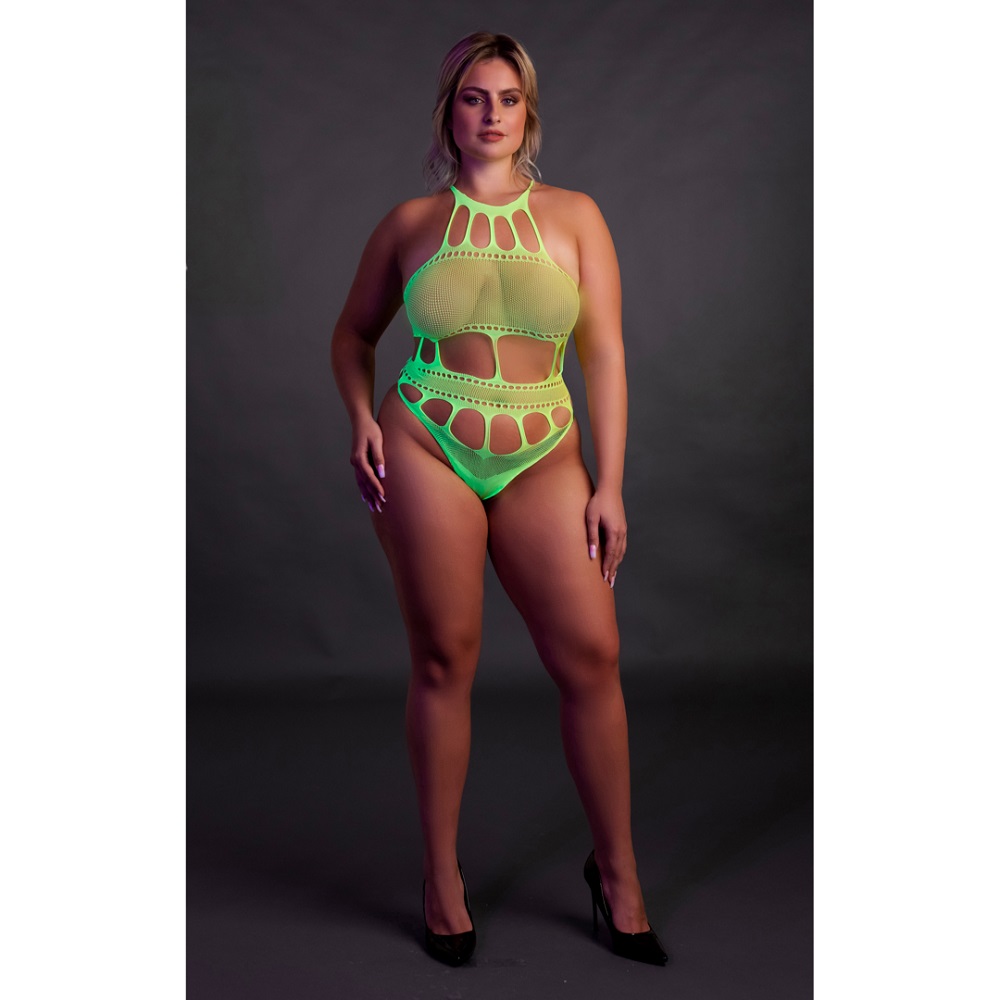 Cut Out Thong Bodysuit Neon Green Plus Size, close-up detail