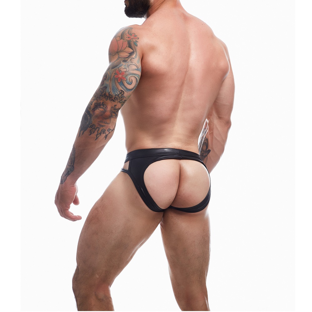 C4M Dungeon Black Leatherette Jockstrap - Large, shown from the back
