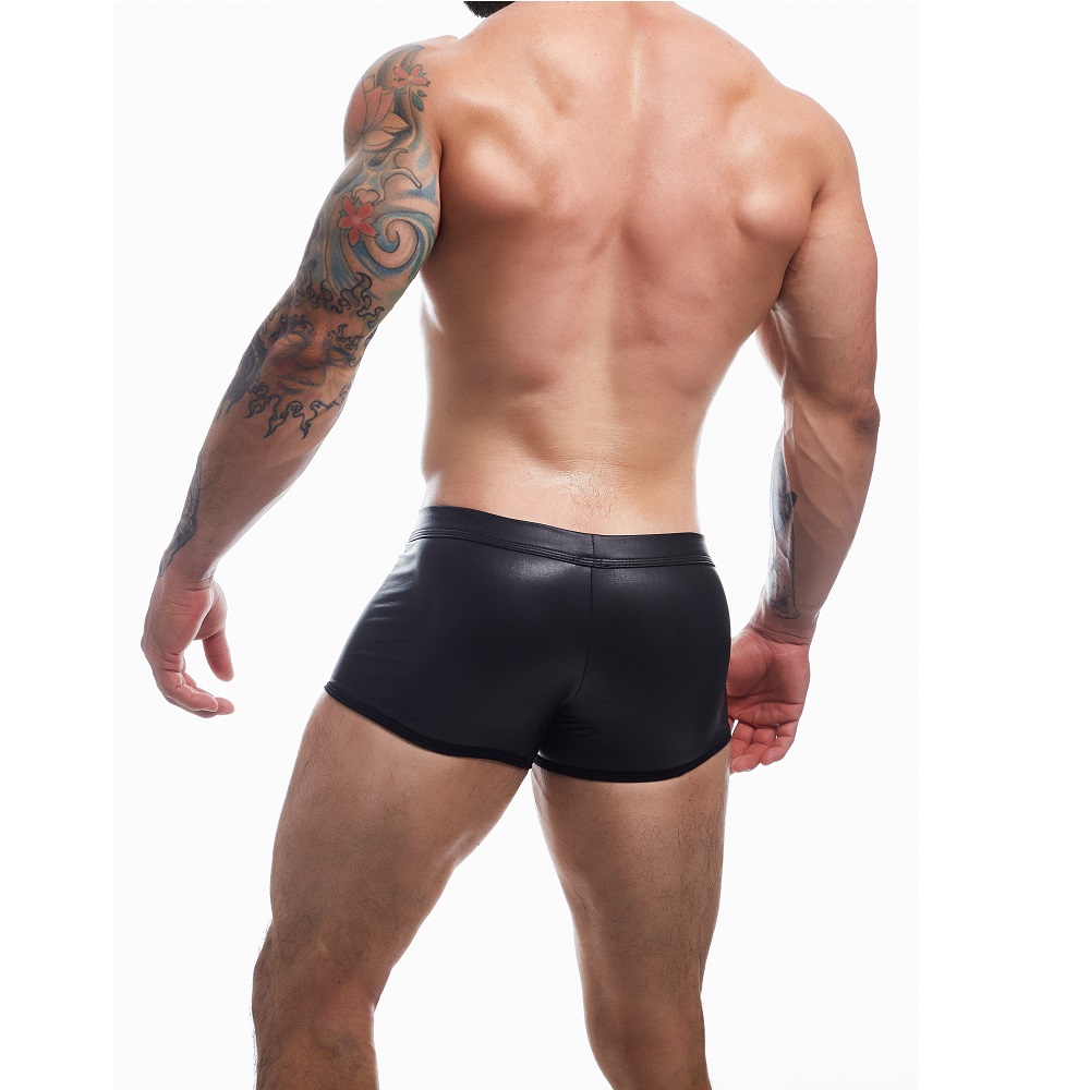 C4M Peekaboo Black Leatherette Mini Pants - Extra Large, shown from the back