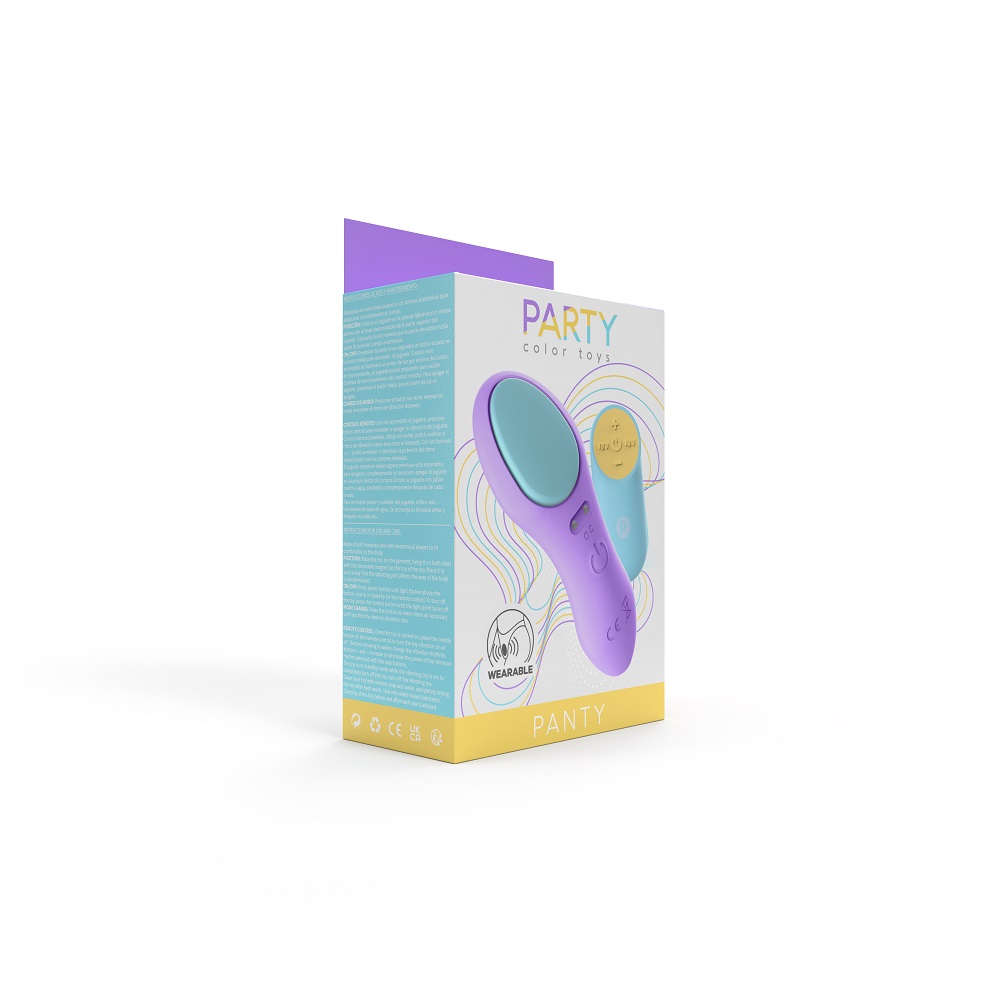 Party Color Panty Remote Control Vibrator Purple, Purple wearable panty vibrator with ergonomic curved form and magnets on t…
