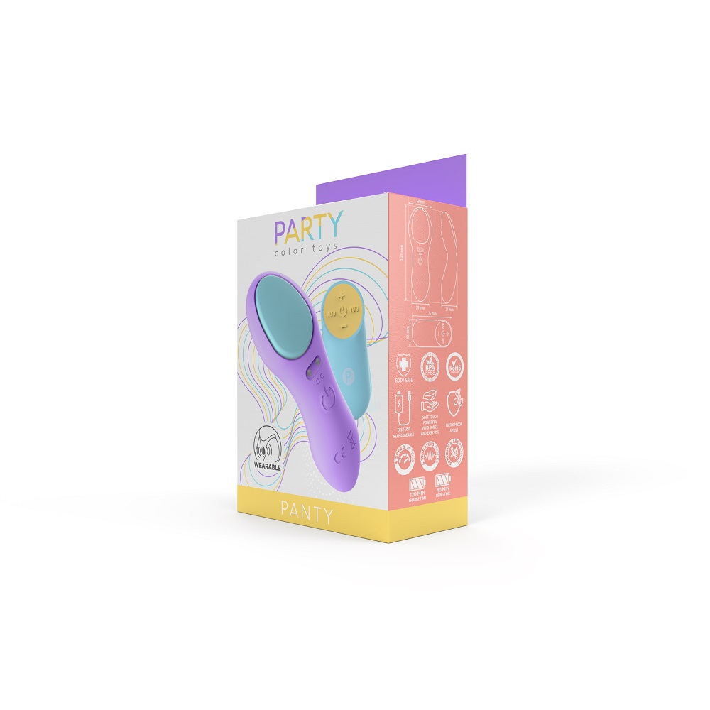 Party Color Panty Remote Control Vibrator Purple, Purple wearable panty vibrator with ergonomic curved form and magnets on t…
