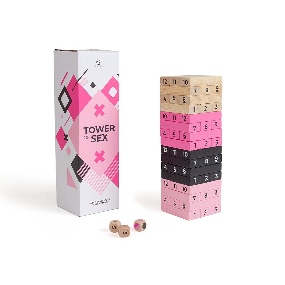 Tower Of Sex Game, Stacking tower game with wooden blocks in four colours and three dice