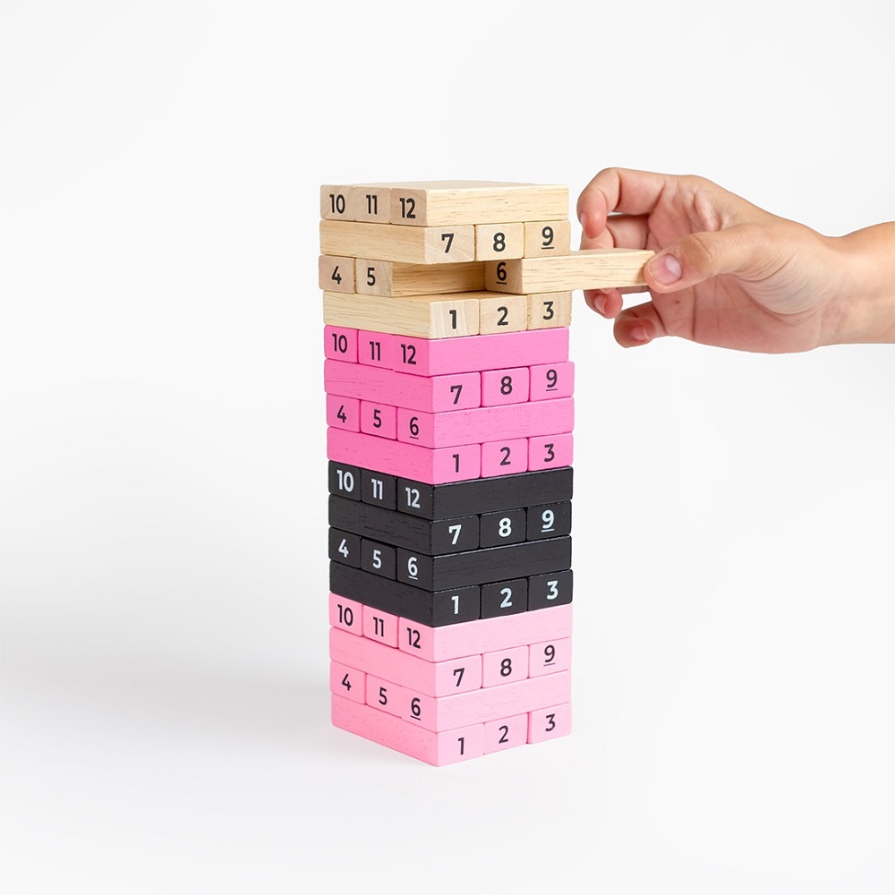 Tower Of Sex Game, Stacking tower game with wooden blocks in four colours and three dice