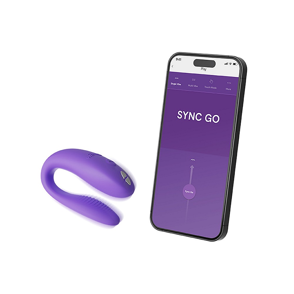 We-Vibe Sync Go Purple, Purple compact wearable couples' vibrator with a curved ergonomic shape
