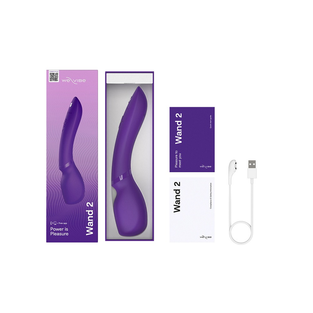 We-Vibe Wand 2 Purple, Purple cordless wand massager with a rounded flexible head and slim ergonomic handle