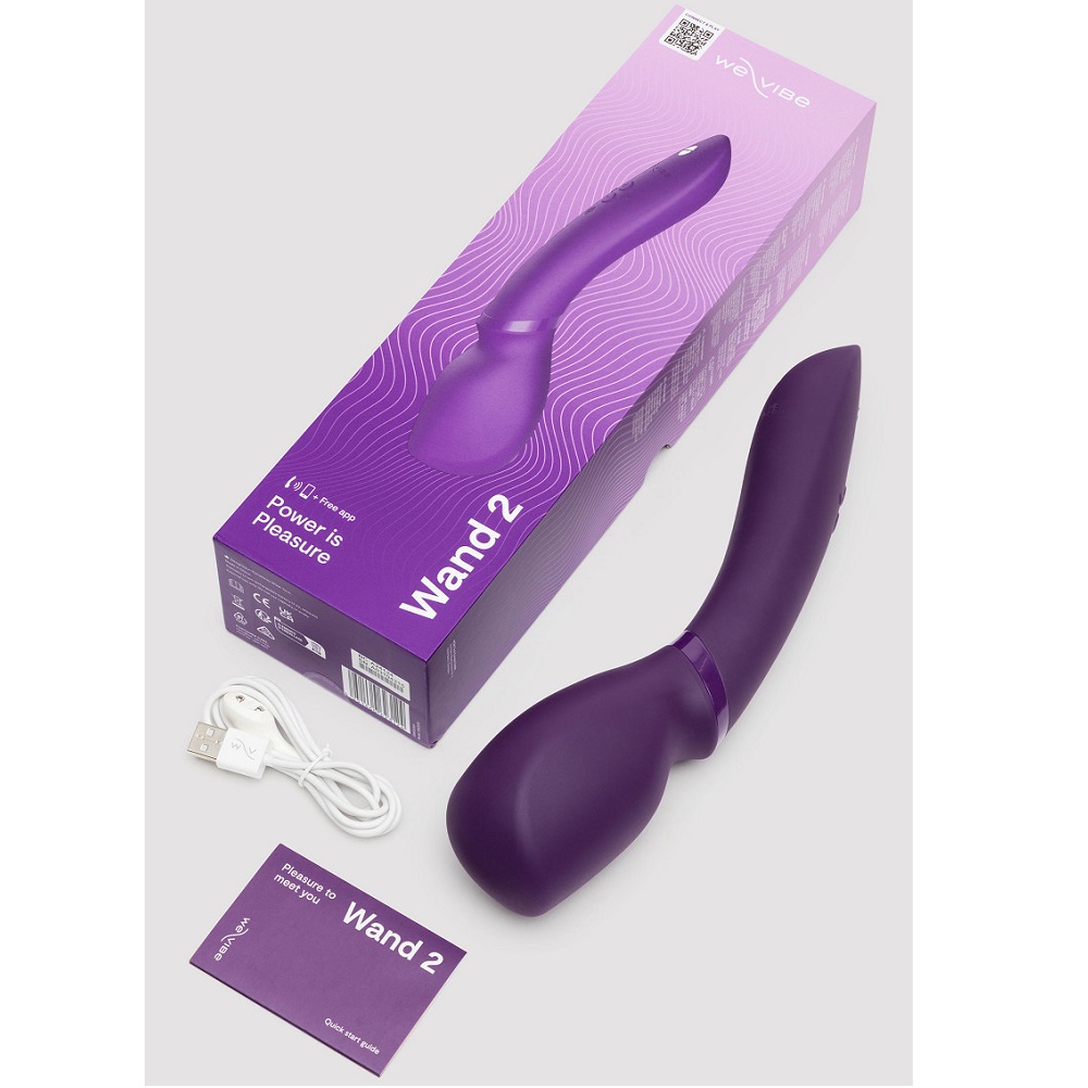We-Vibe Wand 2 Purple, Purple cordless wand massager with a rounded flexible head and slim ergonomic handle