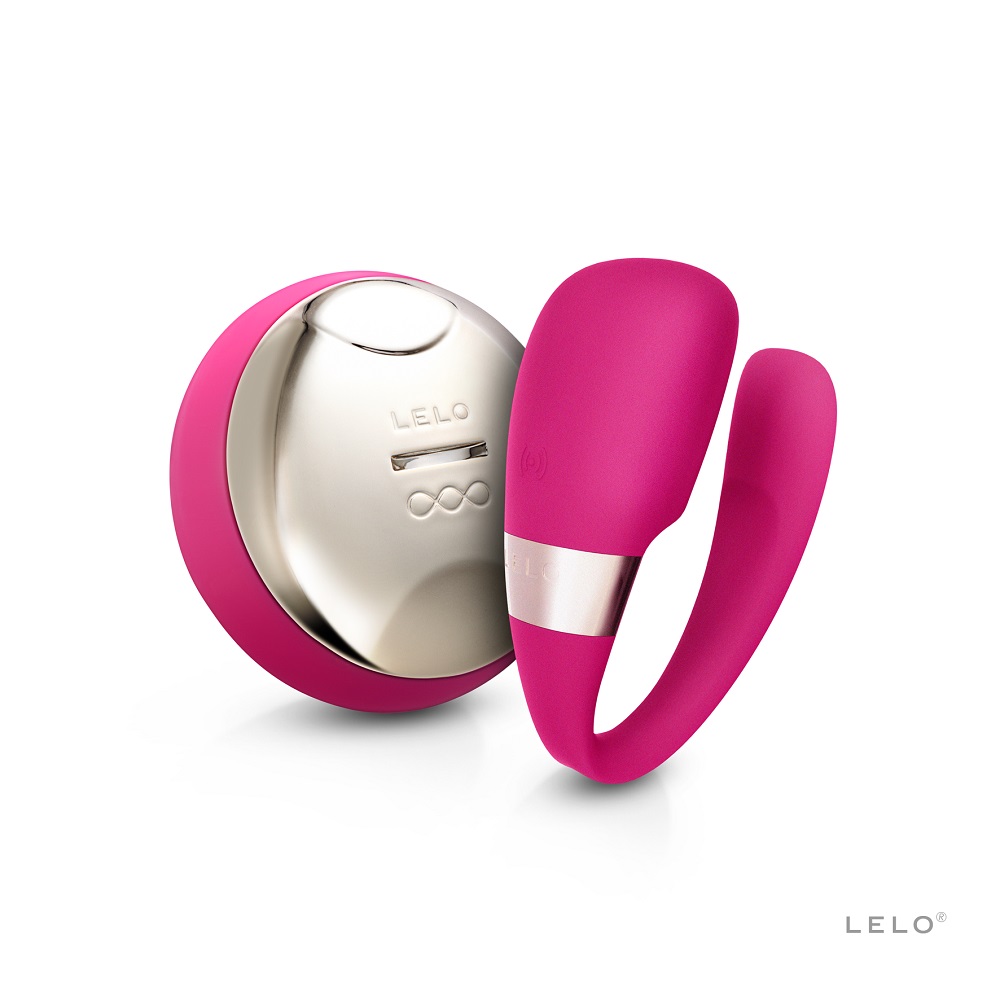 LELO Tiani 3 Couples Massager Cerise, Cerise pink silicone couples massager with a smooth flexible curved form