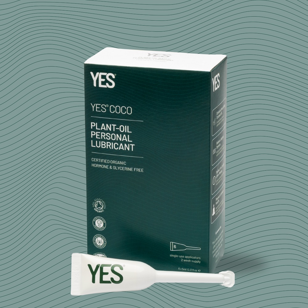 YES Coco Oil-Based Lubricant-6x5ml, in see description, shown from the side