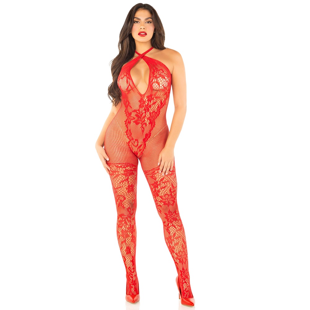 Leg Avenue Bodystocking with Crossover Halter Red, in 100% polyamide, close-up detail