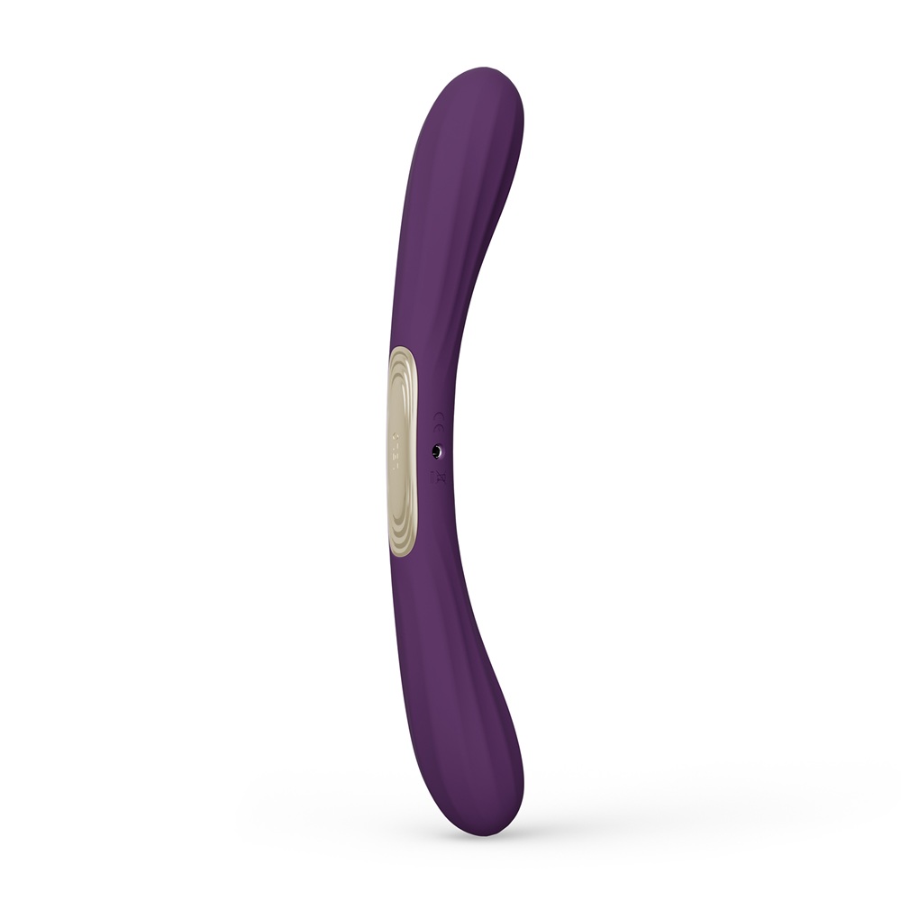 LELO Boomerang Dual Ended Vibrator Purple, Purple double-ended vibrator with a curved shape and ribbed silicone texture on b…