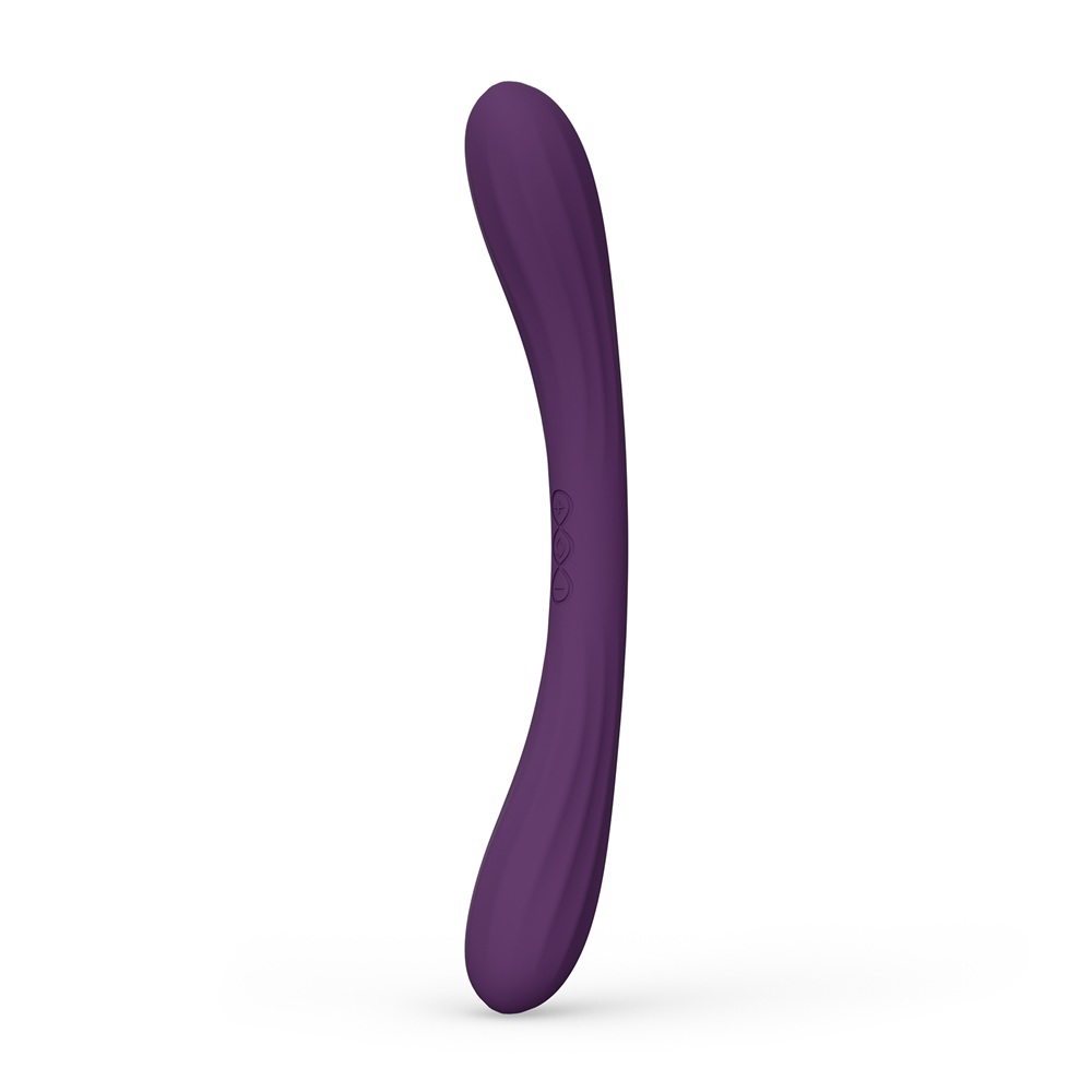 LELO Boomerang Dual Ended Vibrator Purple, Purple double-ended vibrator with a curved shape and ribbed silicone texture on b…