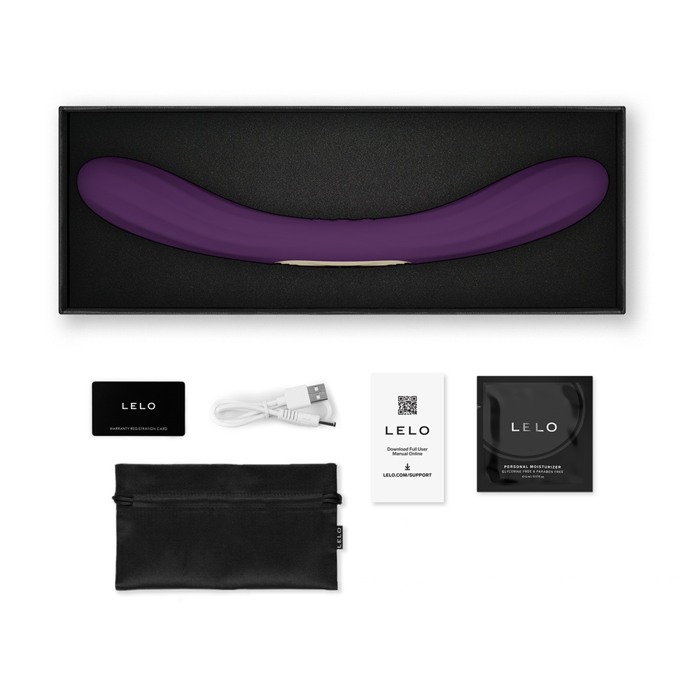 LELO Boomerang Dual Ended Vibrator Purple, Purple double-ended vibrator with a curved shape and ribbed silicone texture on b…