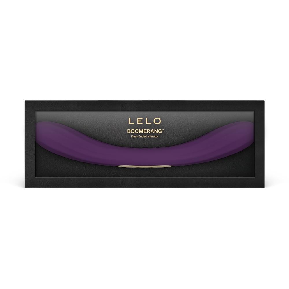 LELO Boomerang Dual Ended Vibrator Purple, Purple double-ended vibrator with a curved shape and ribbed silicone texture on b…