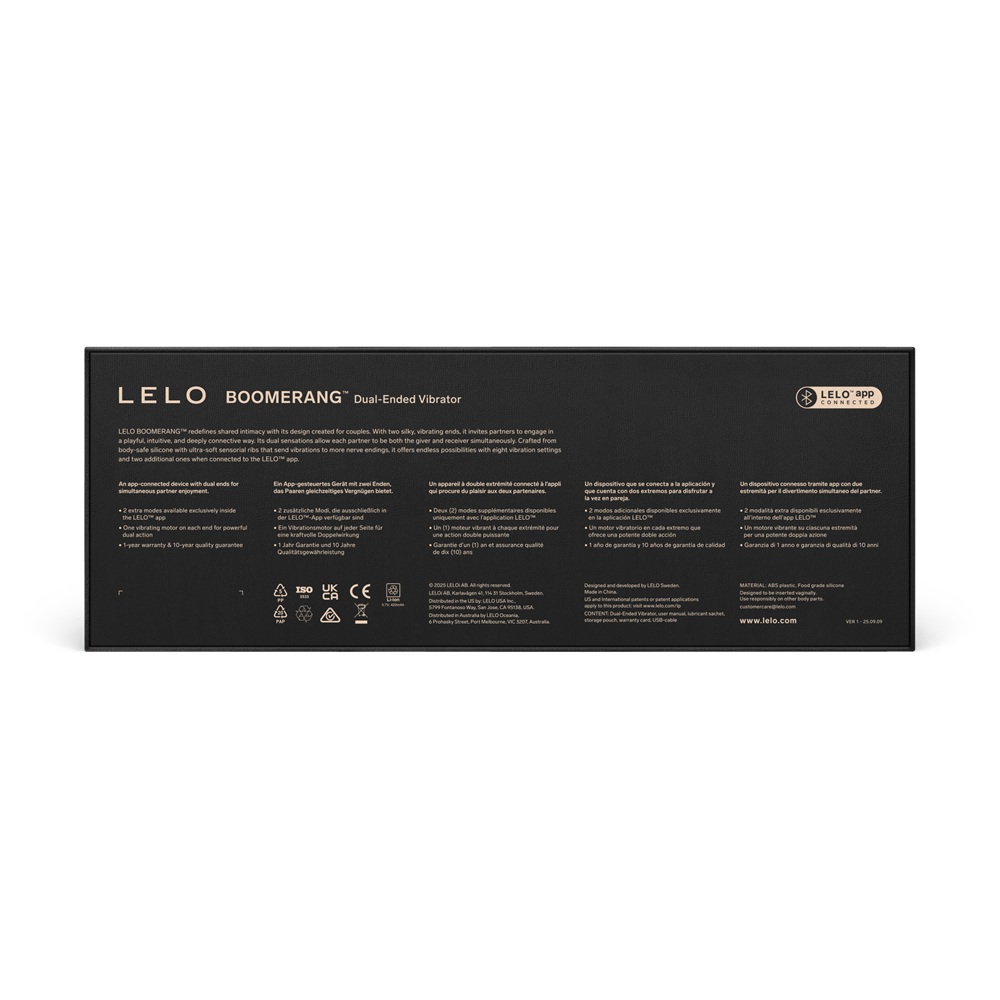LELO Boomerang Dual Ended Vibrator Purple, Purple double-ended vibrator with a curved shape and ribbed silicone texture on b…