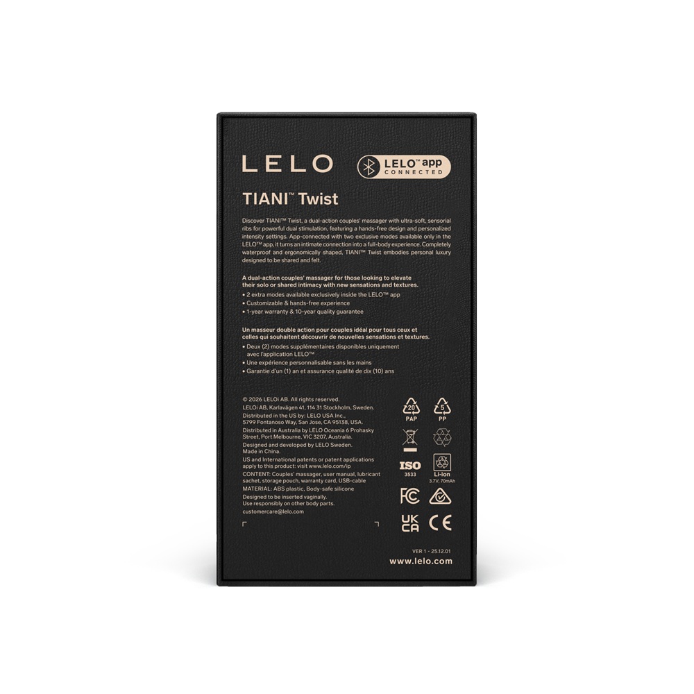 LELO Tiani Twist Couples Massager Lavender, Lavender dual-action couples' massager in soft silicone with ribbed sensory text…