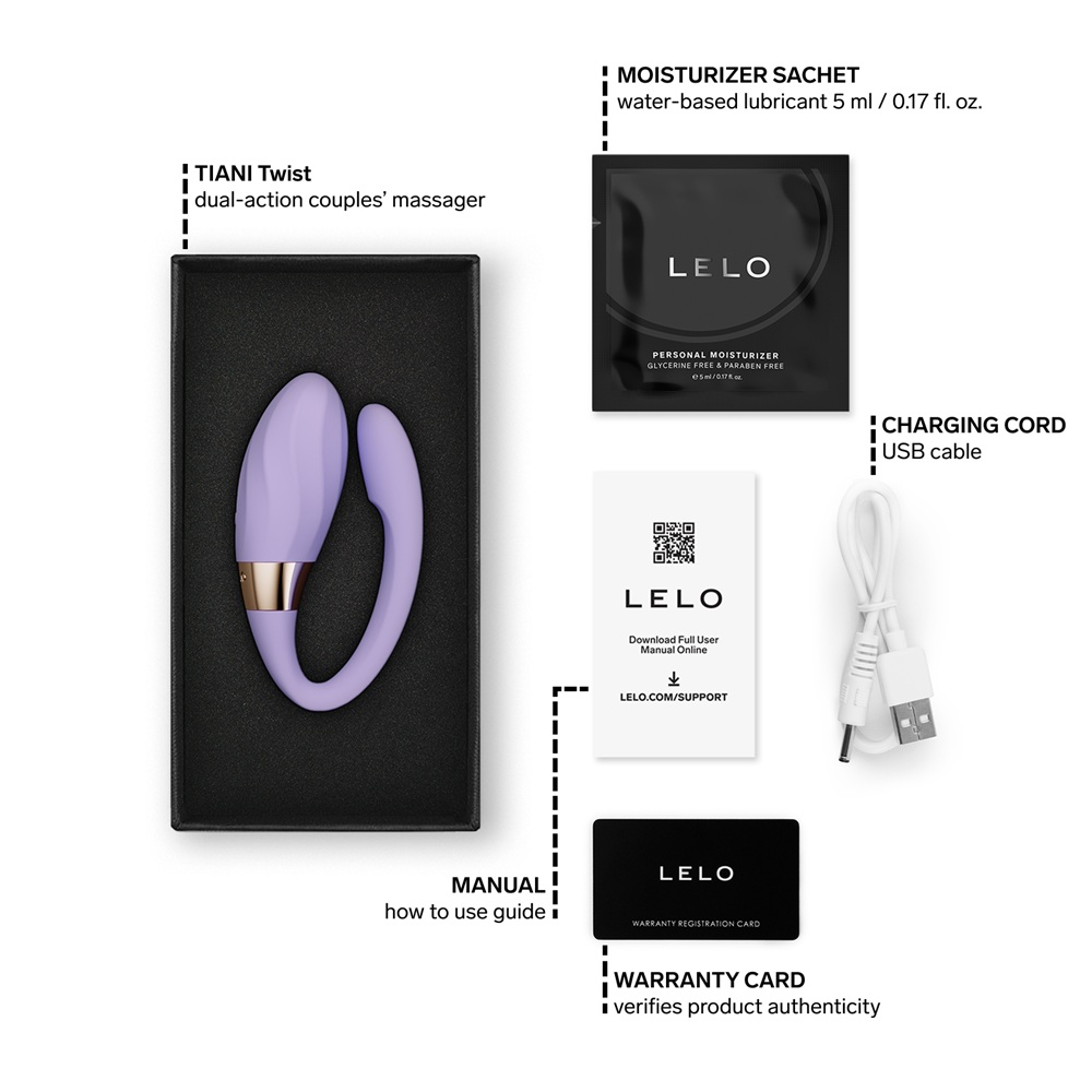 LELO Tiani Twist Couples Massager Lavender, Lavender dual-action couples' massager in soft silicone with ribbed sensory text…