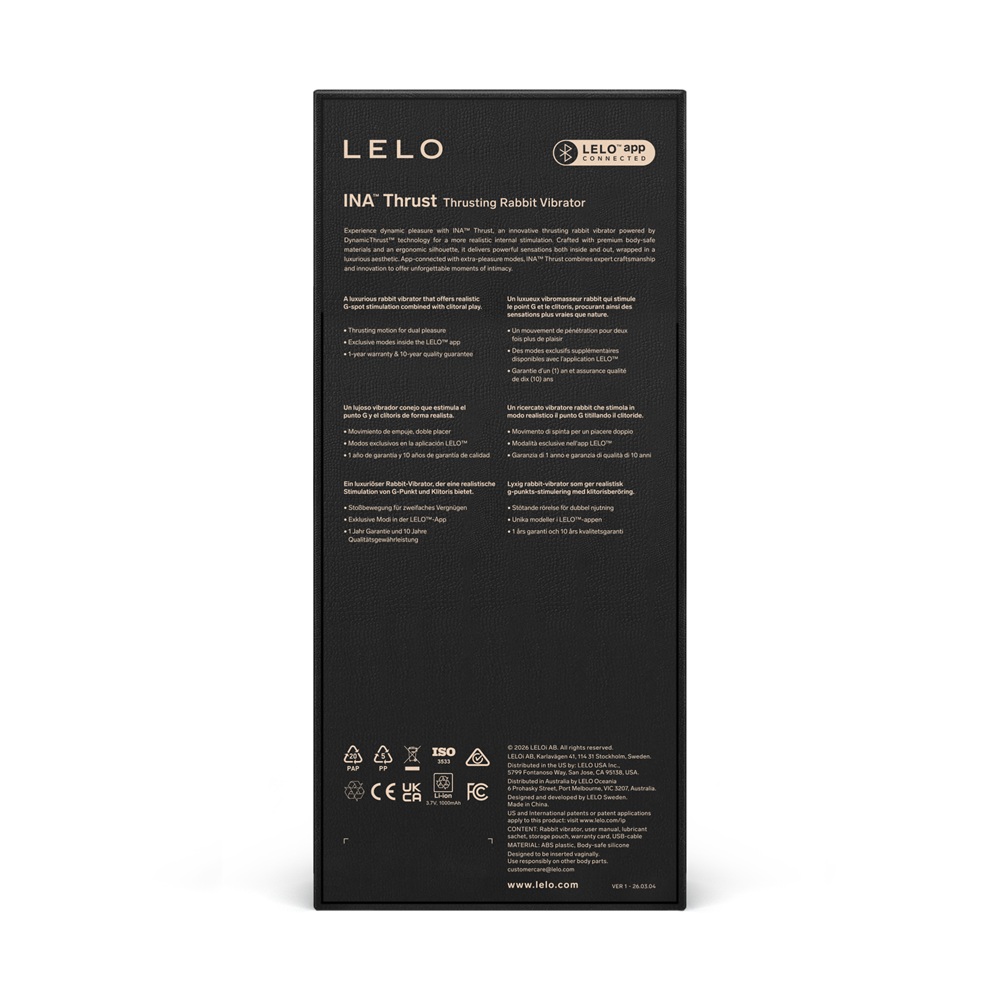 LELO Ina Thrust Thrusting Rabbit Vibrator Purple Twilight, shown in its packaging