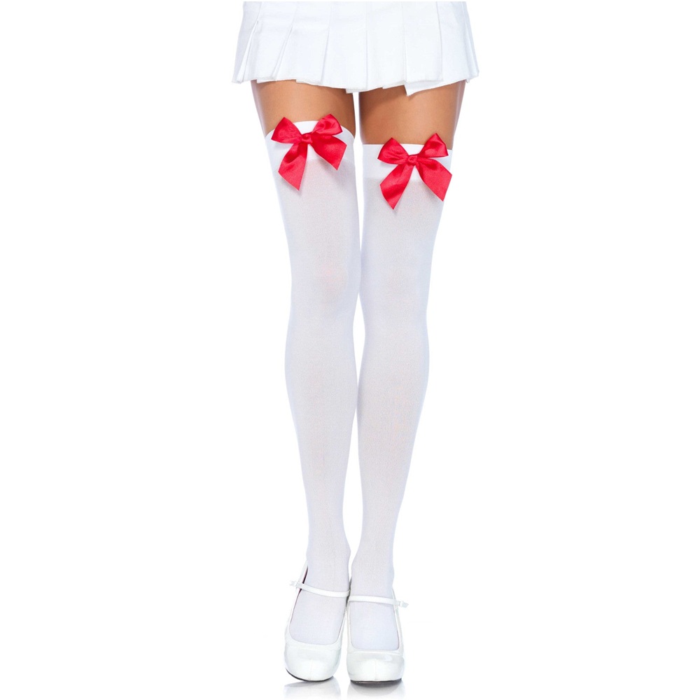 Leg Avenue Nylon Thigh Highs with Bow - Black