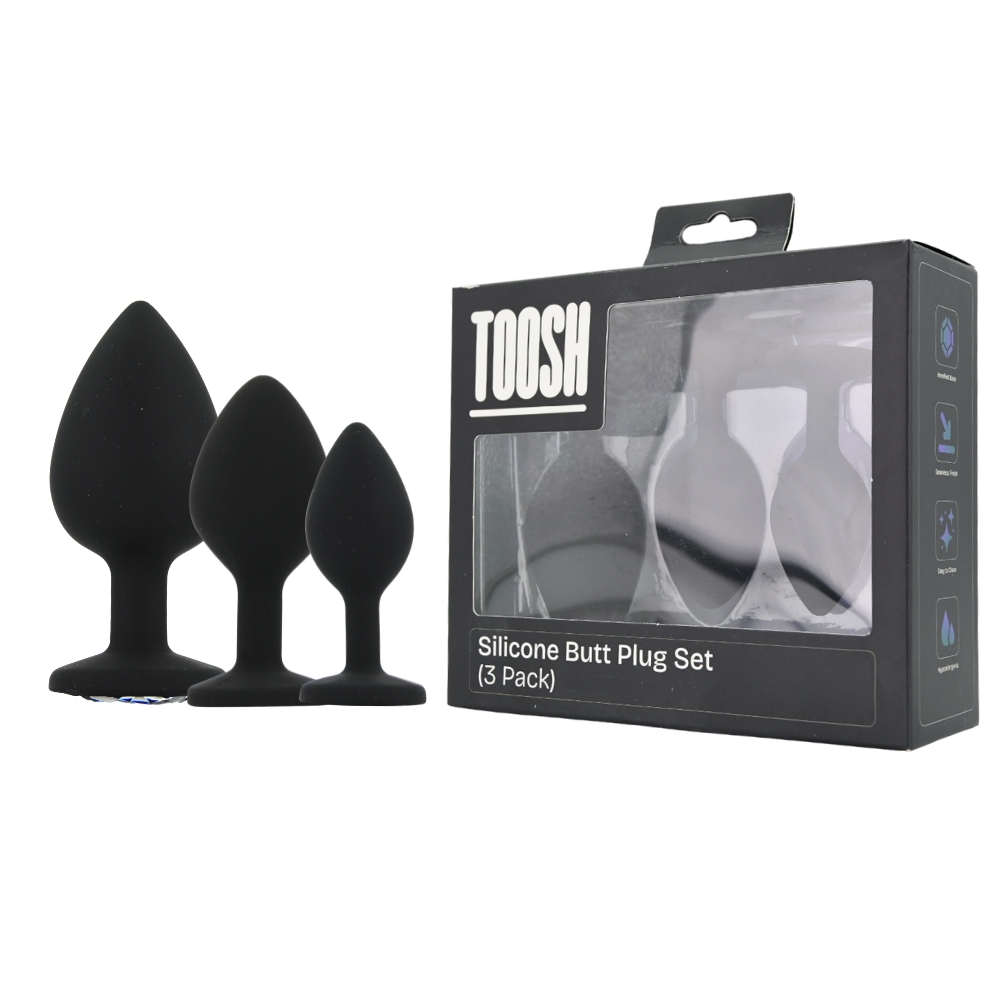 Toosh Silicone Butt Plug Set of 3, Set of three black butt plugs in graduated sizes with clear jewelled stone bases
