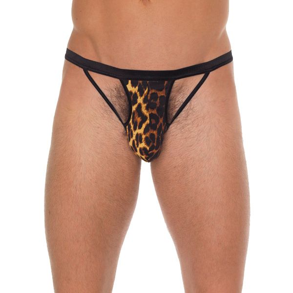 Mens Black GString With Black Straps To Animal Print Pouch - XToys UK