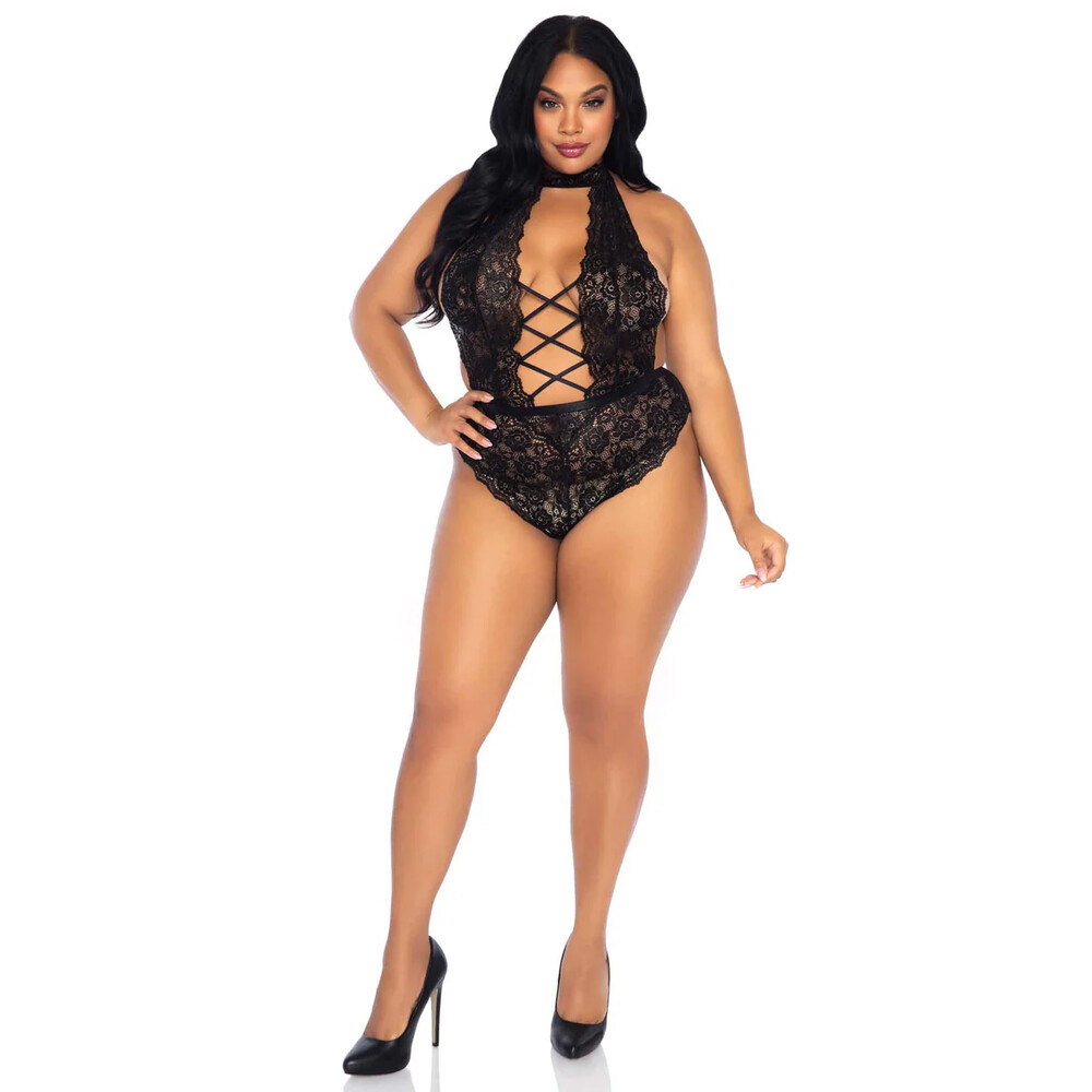 Leg Avenue Floral Lace Crotchless Teddy Black UK 14 to 18 - XToys UK