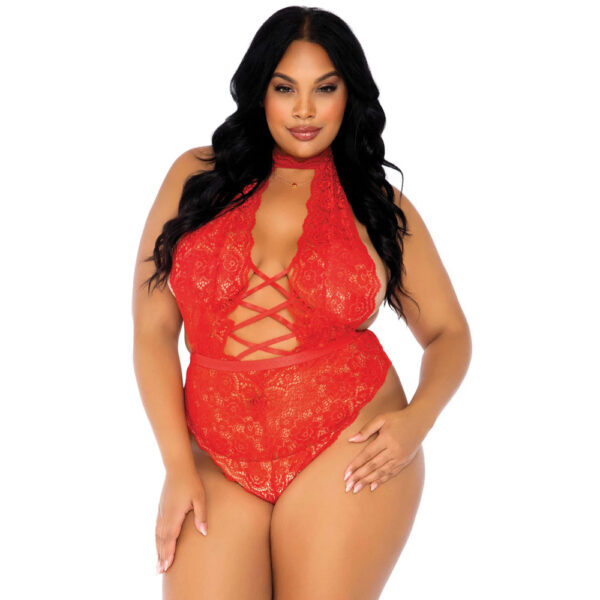 Leg Avenue Floral Lace Crotchless Teddy Red UK 14 to 18 - XToys UK