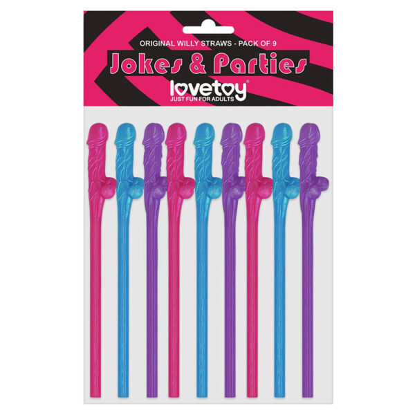 Lovetoy Pack Of 9 Willy Straws Blue Pink And Purple - XToys UK